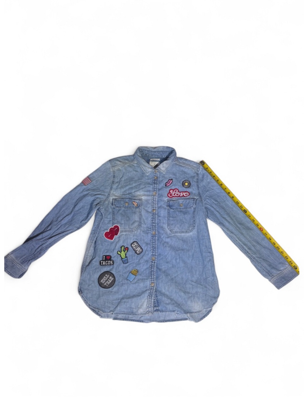 American Eagle Patched Oversized Chambray Denim Button-Down Shirt L